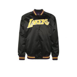 Lekka satynowa kurtka Los Angeles Lakers. Czarne kurtki męskie Mitchell & Ness, bez wzorów, z satyny, sportowe, bez kaptura. Za 464.00 zł.