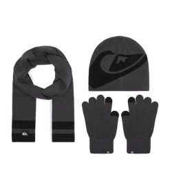 Zestaw czapka, szalik i rękawiczki Quiksilver. Szare rękawiczki męskie Quiksilver, bez wzorów. Za 139.99 zł.