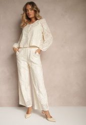 Beżowe Szerokie Spodnie z Ażurowej Tkaniny z Wysokim Stanem Siledis. Brązowe spodnie materiałowe damskie Renee, w ażurowe wzory, z jeansu, eleganckie, z podwyższonym stanem. Za 89.99 zł.