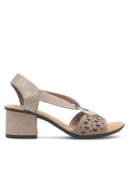 Rieker Sandały 64677-64 Beżowy. Brązowe sandały damskie Rieker, bez wzorów, ze skóry, bez obcasa, na słupku, bez zapięcia. Za 299.99 zł.