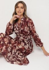 Bordowa Rozkloszowana Sukienka z Wiązanym Paskiem i Metaliczną Nicią Nalirina. Czerwone sukienki damskie Born2be, na co dzień, l, z aplikacjami, z elastanu, eleganckie, bez kołnierzyka, bez ramiączek, maxi, proste. Za 159.99 zł.