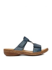 Rieker Klapki CEO-628P9-14 Granatowy. Niebieskie klapki damskie Rieker, bez wzorów, ze skóry, bez obcasa, bez zapięcia. Za 289.99 zł.