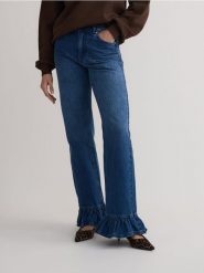 Jeansy wide leg z falbankami - niebieski. Niebieskie jeansy damskie Reserved, bez wzorów, z denimu. W wyprzedaży za 109.99 zł.