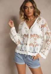 Biały Ażurowy Kardigan z Bawełny na Guziki Evipolla. Białe kardigany damskie Renee, m, w ażurowe wzory, z bawełny, biznesowe, bez kołnierzyka. Za 44.99 zł.