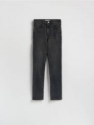 Jeansy slim fit high waist - czarny. Czarne jeansy damskie Reserved, bez wzorów, z denimu, z podwyższonym stanem. Za 129.99 zł.