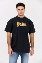 PALM ANGELS Czarny męski t-shirt Burning Logo Tee. Czarne t-shirty męskie PALM ANGELS, l, bez wzorów, z bawełny, bez kołnierzyka, bez ramiączek. W wyprzedaży za 999.99 zł.