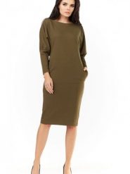 Sukienka Model A206 Khaki - awama. Brązowe sukienki damskie Awama, na co dzień, plus size, bez wzorów, z bawełny, bez kołnierzyka, plus size, bez ramiączek, ołówkowe. Za 211.63 zł.