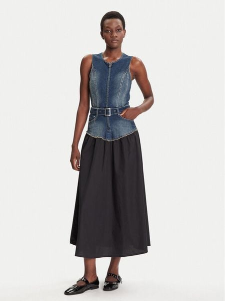 Desigual Sukienka jeansowa Poplin 25WWVD03 Granatowy Regular Fit. Niebieskie sukienki damskie Desigual, xl, bez wzorów, z bawełny, bez kołnierzyka, bez ramiączek. Za 529.99 zł.