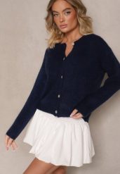 Granatowy Kardigan o Casualowym Kroju z Wełną i Moherem Lilothel. Niebieskie kardigany damskie Renee, bez wzorów, z jeansu, eleganckie, bez kołnierzyka. Za 159.99 zł.