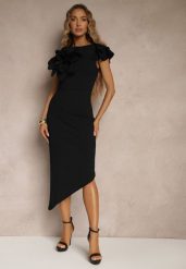 Czarna Koktajlowa Asymetryczna Sukienka Vices z Kwiatem 3D i Falbankami Tolelira. Czarne sukienki damskie Renee, na imprezę, na lato, l, bez wzorów, eleganckie, z asymetrycznym kołnierzem, bez ramiączek, asymetryczne. Za 99.99 zł.