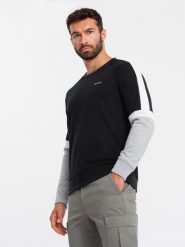 Trójkolorowa bluza męska dresowa z raglanowymi rękawami – czarna V3 OM-SSNZ-22FW-003 - XXL. Czarne bluzy męskie Ombre Clothing, l, bez wzorów, z bawełny, sportowe, bez ramiączek, bez kaptura. W wyprzedaży za 99.99 zł.