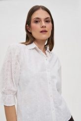 Bawełniana koszula z bufiastymi rękawami biała. Białe koszule damskie MOODO, l, bez wzorów, z bawełny, bez kołnierzyka, bez ramiączek. Za 129.99 zł.