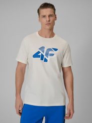 4F T-shirt regular z nadrukiem męski - beżowy L. Brązowe t-shirty męskie 4F, l, bez wzorów, z bawełny, bez kołnierzyka, bez ramiączek. Za 59.99 zł.