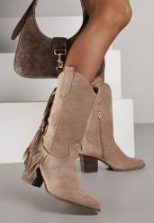 Beżowe Botki Kowbojki na Stożku z Frędzlami przy Cholewce Reinia. Brązowe botki damskie Renee, bez wzorów, z jeansu, boho, bez obcasa, na obcasie, bez zapięcia. Za 119.99 zł.