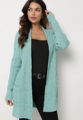 Miętowy Długi Nierozpinany Kardigan z Tłoczeniem Vaithnia. Zielone kardigany damskie Born2be, bez wzorów, z jeansu, eleganckie, bez kołnierzyka. Za 69.99 zł.