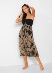 Sukienka plażowa z szyfonu, z dekoltem bandeau. Czarne sukienki damskie bonprix, na plażę, bez wzorów, z szyfonu, eleganckie, bez kołnierzyka, bez ramiączek. Za 104.99 zł.