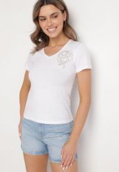 Biały T-shirt z Bawełny z Cyrkoniowym Wzorem Uliavira. Białe t-shirty damskie Born2be, l, z aplikacjami, z bawełny, eleganckie, bez kołnierzyka, bez ramiączek. Za 34.99 zł.