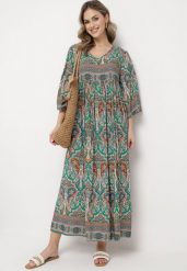 Zielona Długa Sukienka Rozkloszowana z Rękawami 3/4 we Wzór Paisley Amarethia. Zielone sukienki damskie Born2be, l, bez wzorów, boho, bez kołnierzyka, bez ramiączek, maxi, rozkloszowane. Za 84.99 zł.