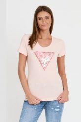 GUESS Różowy t-shirt Satin Triangle Tee. Czerwone t-shirty damskie Guess, s, z aplikacjami, bez kołnierzyka, bez ramiączek. W wyprzedaży za 129.99 zł.