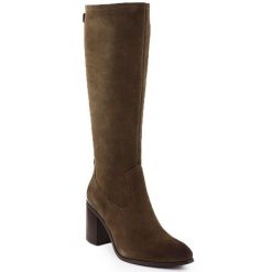 Skórzane kozaki na słupku damskie khaki Sergio Leone 25668. Brązowe kozaki damskie Sergio Leone, bez wzorów, ze skóry, bez obcasa, na słupku, bez zapięcia. Za 289.99 zł.