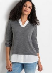 Sweter z koszulową wstawką. Szare swetry nierozpinane damskie bonprix, bez wzorów, bez kołnierzyka, bez ramiączek. Za 129.99 zł.