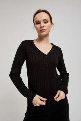 Sweter ozdobiony metaliczną nitką czarny. Czarne swetry nierozpinane damskie MOODO, l, bez wzorów, bez kołnierzyka, bez ramiączek. W wyprzedaży za 35.99 zł.