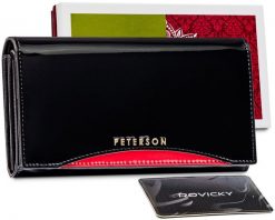 Skórzany portfel lakierowany Peterson czarny z czerwonym akcentem PTN BC-411-BLACK RED. Czarne portfele damskie Peterson, z lakierowanej skóry. Za 107.99 zł.