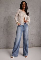 Niebieskie Jeansy High Waist Wide Leg z Bawełną i Domieszką Wiskozy Hirei. Niebieskie jeansy damskie Renee, bez wzorów, z bawełny, z podwyższonym stanem. Za 119.99 zł.