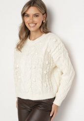 Jasnobeżowy Sweter z Wiskozą i Wełną Aplikacją 3D i Tłoczeniem Vaishira. Brązowe swetry nierozpinane damskie Born2be, na zimę, m, z aplikacjami, z wełny, bez kołnierzyka, bez ramiączek. Za 89.99 zł.