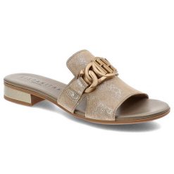 Złote Klapki Hispanitas Stylowe Obuwie Damskie. Żółte klapki damskie Hispanitas, bez wzorów, eleganckie, bez obcasa, bez zapięcia. Za 379.00 zł.