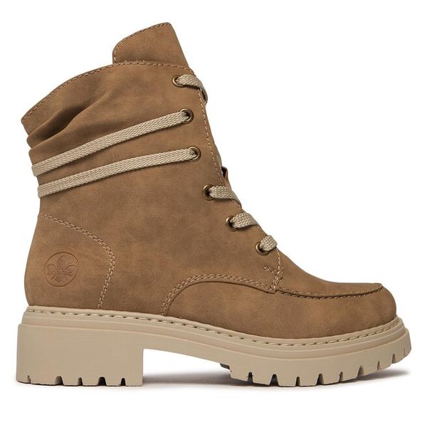 Trzewiki Rieker. Brązowe botki damskie Rieker, bez wzorów, bez obcasa, na płaskiej podeszwie, bez zapięcia. Za 309.99 zł.