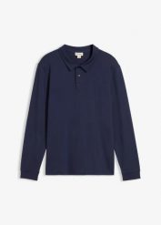 Bluza z długim rękawem i kołnierzykiem polo z czystej bawełny organicznej. Niebieskie bluzy męskie bonprix, m, bez wzorów, z bawełny, klasyczne, bez ramiączek, bez kaptura. Za 99.99 zł.
