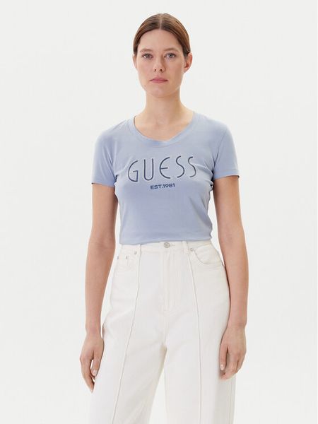 Guess T-Shirt W5YI05 J1314 Niebieski Regular Fit. Niebieskie t-shirty damskie Guess, xl, z aplikacjami, z bawełny, bez kołnierzyka, bez ramiączek. Za 109.99 zł.