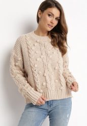 Beżowy Sweter z Wełną i Bawełną Ozdobiony Grubym Splotem Numike. Brązowe swetry nierozpinane damskie Born2be, na jesień, l, bez wzorów, z bawełny, biznesowe, bez kołnierzyka, bez ramiączek. Za 89.99 zł.