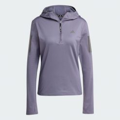 Bluza Own The Run Winterized Hooded Half-Zip. Fioletowe bluzy damskie Adidas, xs, bez wzorów, sportowe, bez ramiączek, z kapturem. Za 246.10 zł.