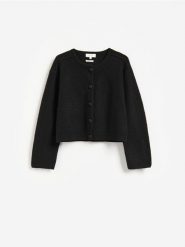 Wełniany kardigan - czarny. Czarne kardigany damskie Reserved, l, bez wzorów, z wełny, bez kołnierzyka. Za 299.99 zł.