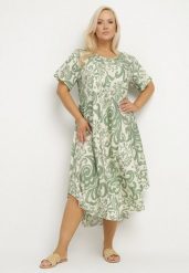 Zielona Rozkloszowana Sukienka z Wiskozy z Geometrycznym Wzorem Emisova. Zielone sukienki damskie Born2be, na co dzień, xl, bez wzorów, z wiskozy, eleganckie, bez kołnierzyka, bez ramiączek, midi, rozkloszowane. Za 74.99 zł.