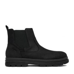 Botki Rieker. Czarne botki męskie Rieker, bez wzorów, bez obcasa, bez zapięcia. Za 449.99 zł.