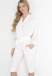 Białe Szorty za Kolano z Szeroką Gumką w Talii z Materiałowym Paskiem Kamaiza. Białe szorty damskie Born2be, bez wzorów, z materiału, plus size. Za 19.99 zł.