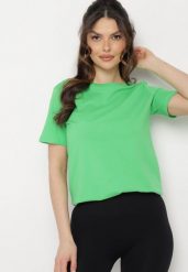 Zielony Gładki T-shirt z Elastycznej Bawełny z Krótkim Rękawem Derdiara. Zielone t-shirty damskie Born2be, l, bez wzorów, z bawełny, bez kołnierzyka, bez ramiączek. Za 29.99 zł.