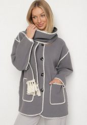 Szara Pudełkowa Kurtka z Ozdobnymi Przeszyciami i Szalikiem Salenalia. Szare kurtki damskie Born2be, bez wzorów, z jeansu, bez kaptura. Za 199.99 zł.