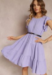 Fioletowa Sukienka z Paskiem Theophena. Fioletowe sukienki damskie Renee, na co dzień, na lato, bez wzorów, bez kołnierzyka, bez ramiączek, mini, proste. Za 59.99 zł.
