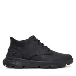 Trzewiki Skechers. Czarne botki męskie Skechers, bez wzorów, bez obcasa, bez zapięcia. Za 379.99 zł.