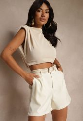 Beżowe Szorty High Waist z Paskiem Linave. Brązowe szorty damskie Renee, bez wzorów, eleganckie, z podwyższonym stanem. Za 74.99 zł.