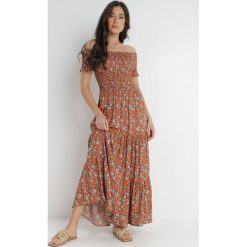 Pomarańczowo-Niebieska Sukienka z Wiskozy Cheri. Brązowe sukienki damskie Born2be, na lato, m, bez wzorów, z wiskozy, bez kołnierzyka, bez ramiączek, maxi, rozkloszowane. Za 69.99 zł.