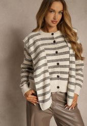 Beżowy Kardigan z Dodatkiem Wełny Zdobiony Wzorem w Paski i Narzutką Fedira. Brązowe kardigany damskie Renee, z aplikacjami, z jeansu, klasyczne, bez kołnierzyka. Za 119.99 zł.