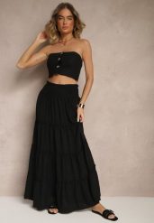 Czarna Rozkloszowana Spódnica z Gumką w Talii Zdobiona Falbanami Dovinelle. Czarne spódnice damskie Renee, na co dzień, l, z aplikacjami, eleganckie, maxi, rozkloszowane. Za 49.99 zł.