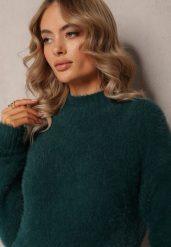 Ciemnozielony Dzianinowy Sweter z Dłuższym Włosiem i Półgolfem Christiam. Zielone swetry nierozpinane damskie Renee, z aplikacjami, z dzianiny, casualowe, bez kołnierzyka, bez ramiączek. Za 49.99 zł.