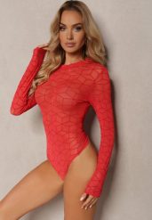 Czerwone Body z Długim Rękawem z Siateczkowego Materiału z Geometrycznym Printem Virefia. Czerwone body Renee, bez wzorów, z jeansu. Za 49.99 zł.