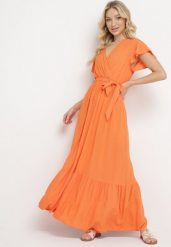 Pomarańczowa Sukienka Diomeira. Brązowe sukienki damskie Born2be, l, bez wzorów, z tkaniny, eleganckie, bez kołnierzyka, bez ramiączek, maxi, kopertowe. Za 69.99 zł.
